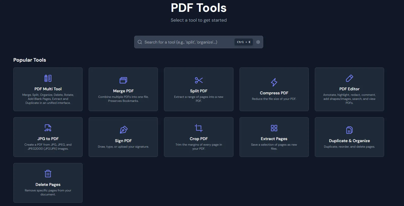 BentoPDF tool selection screen