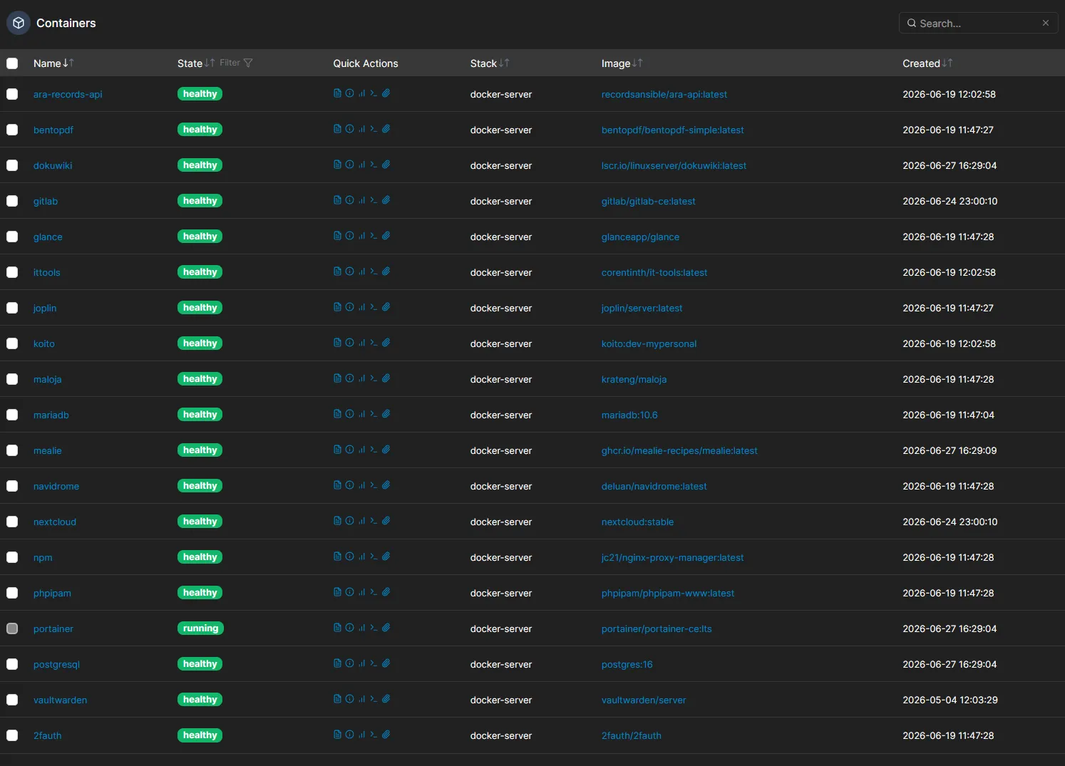Liste des conteneurs Portainer